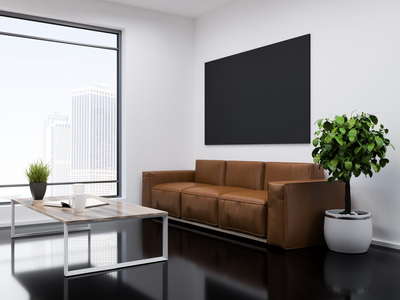 Lobby space with digital signage display prominently features inside high rise building