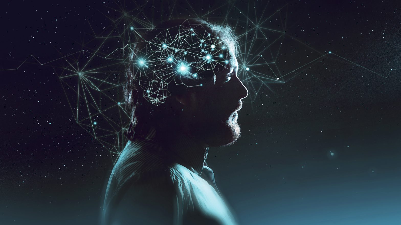 Profile of bearded man with symbol neurons in brain
