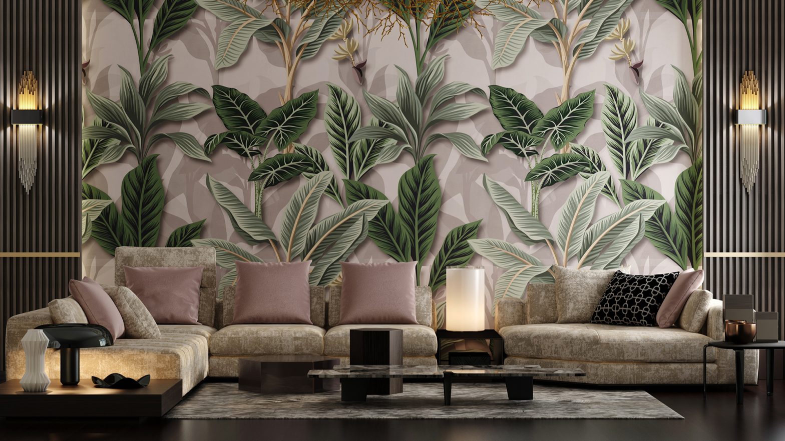 Modern luxury living room design and wallpaper decoration of tropical plant leaves