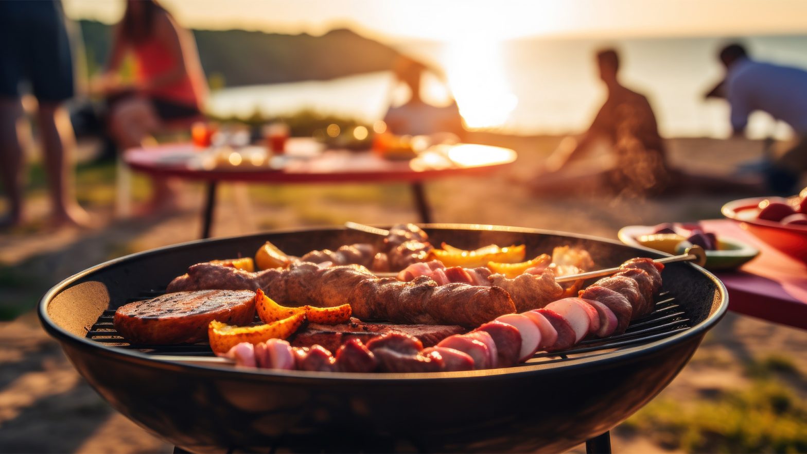 Barbecue party with people in the background, beach party, sea, grilled steak, grilled meat and vegetables, summer party