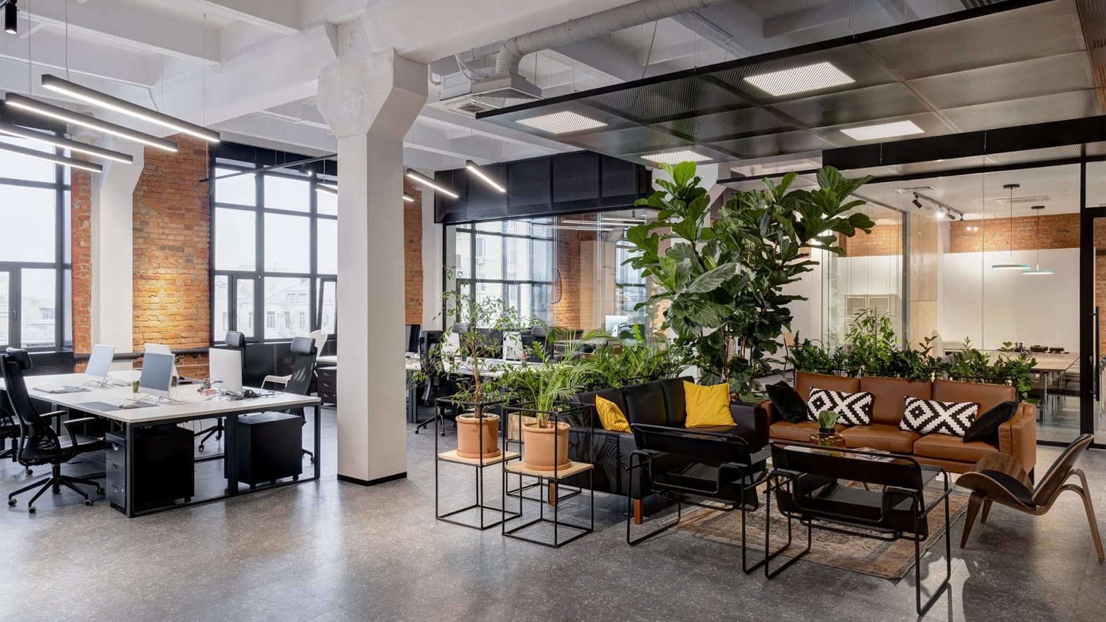 modern loft office interior with furniture