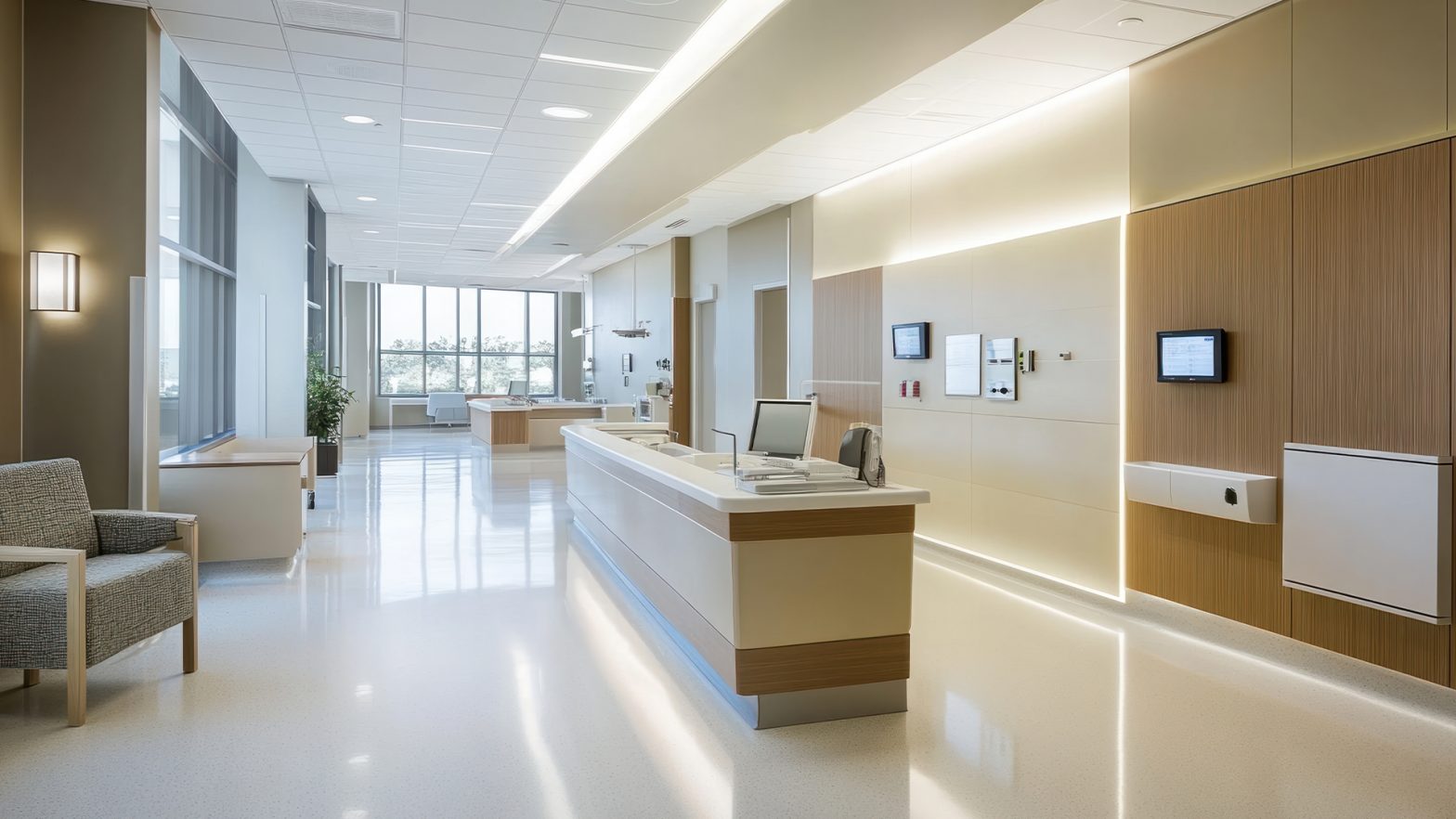 Modern hospital interior design featuring sleek lighting, minimalist decor, and functional furniture