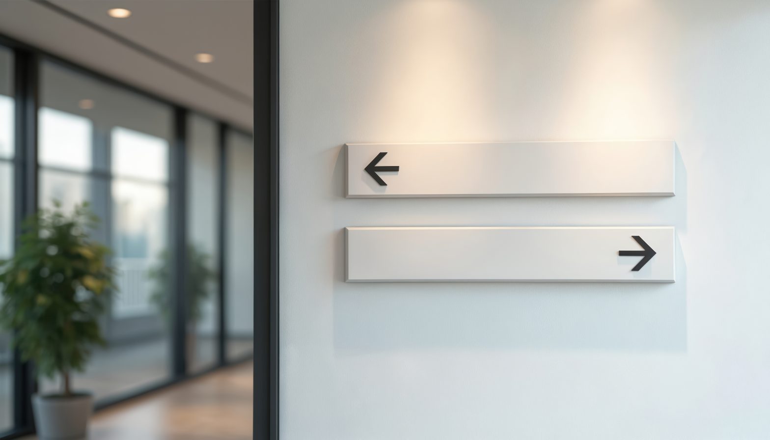 Two wayfinding signs on a foreground wall, with a split view down a hallway.