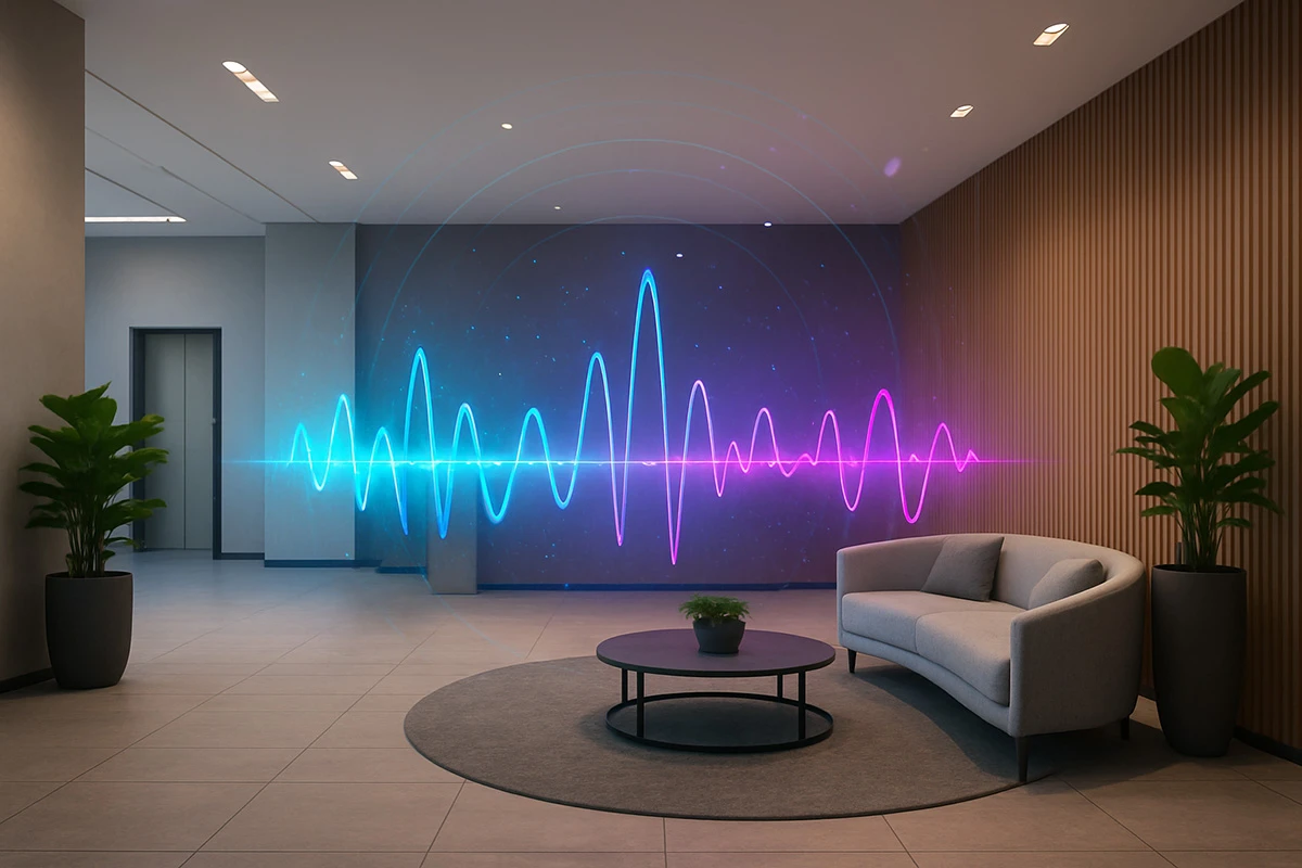 Modern room with hologram of sound waves in the air