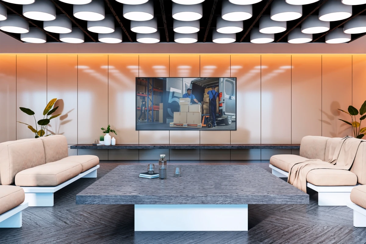 modern style commercial building lobby with large tv display